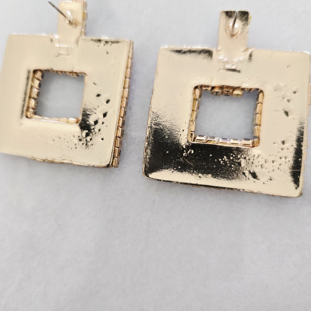 Colorful Square Rhinestone Earrings - Picture 2 of 2